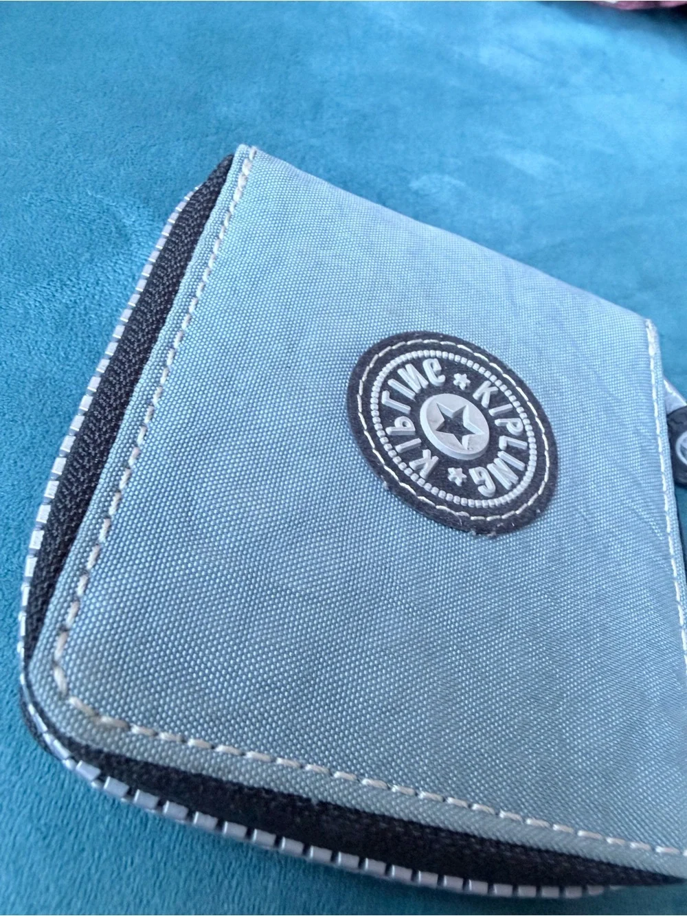 Kipling Light Blue Canvas Zip Wallet with Logo Patch